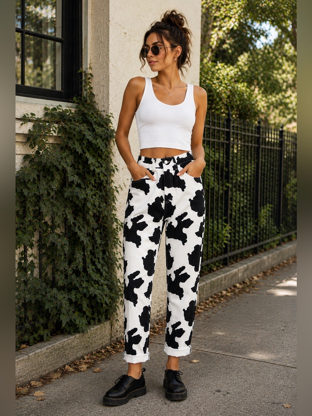 NWOT Reclaimed Vintage Cow Print Ultra High Rise Tapered 90s Mom Jeans, 26